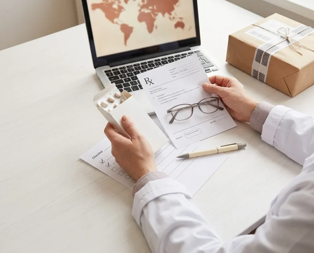 Pharmacist checking a prescription against the medicine before a sealed parcel is dispatched